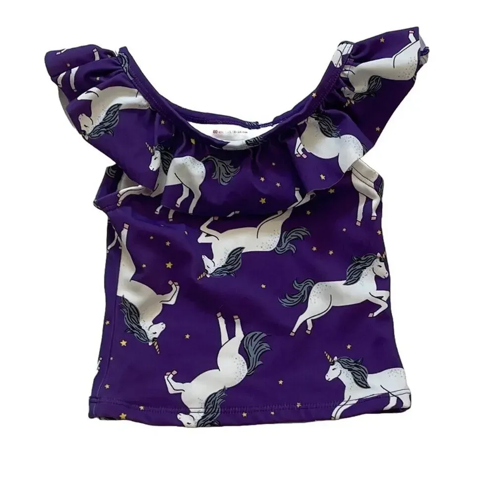 Hanna Andersson Purple Ruffle Unicorn Print Swim Top, Beachy, Pool, Sz 18-24 Mo.
